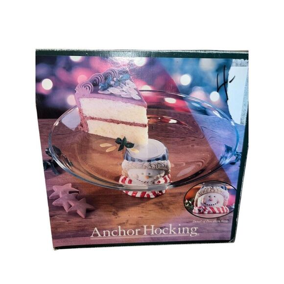 Holiday Christmas Glass Cake Platter‎ Plate Snowman Base Anchor Hocking EUC - Picture 1 of 8